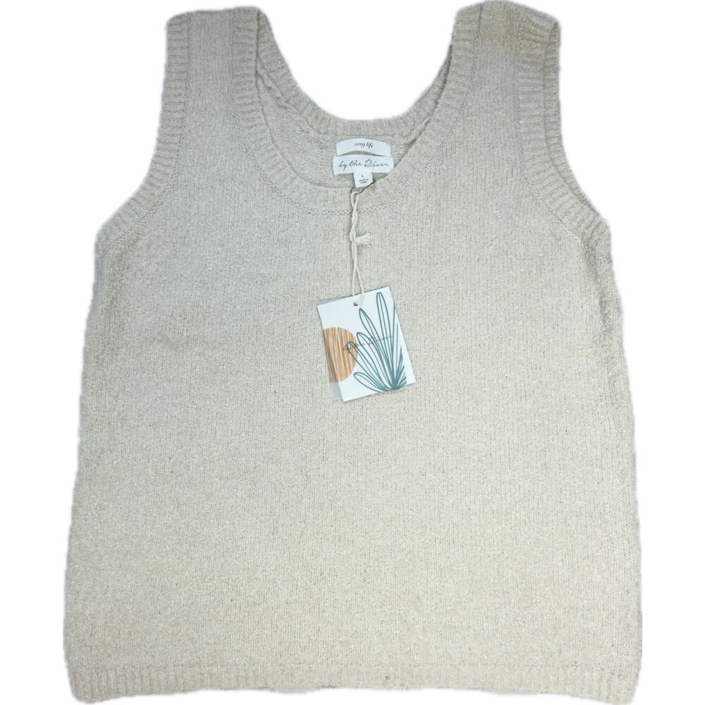 By the River Cozy Life Knit Sweater Vest Oatmeal Beige Scoop Neck Large NWT